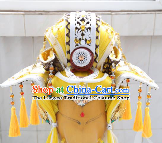 Handmade China Traditional Puppet Show Swordsman Headdress Ancient King Yellow Wigs Hairpieces Cosplay Emperor Hair Accessories