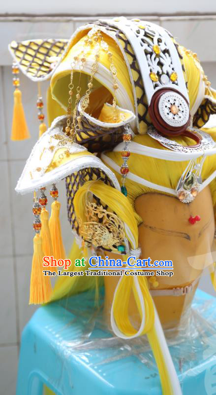 Handmade China Traditional Puppet Show Swordsman Headdress Ancient King Yellow Wigs Hairpieces Cosplay Emperor Hair Accessories