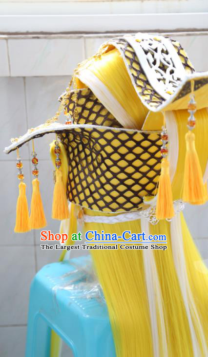 Handmade China Traditional Puppet Show Swordsman Headdress Ancient King Yellow Wigs Hairpieces Cosplay Emperor Hair Accessories