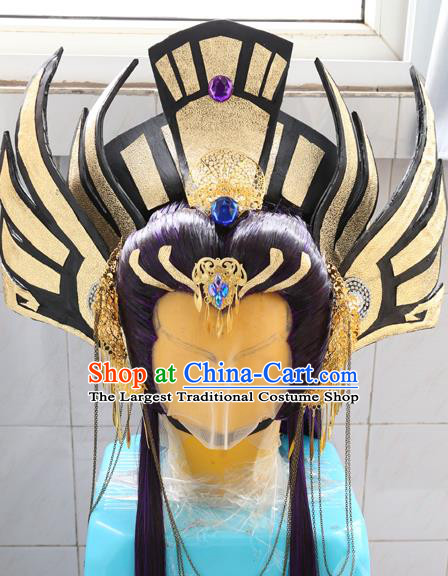 Handmade China Cosplay Dragon Prince Hair Accessories Traditional Puppet Show Swordsman Headdress Ancient Immortal Purple Wigs and Hair Crown Hairpieces