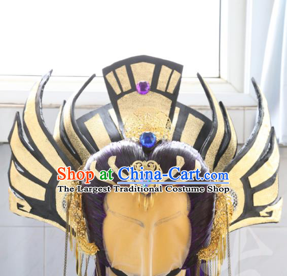 Handmade China Cosplay Dragon Prince Hair Accessories Traditional Puppet Show Swordsman Headdress Ancient Immortal Purple Wigs and Hair Crown Hairpieces