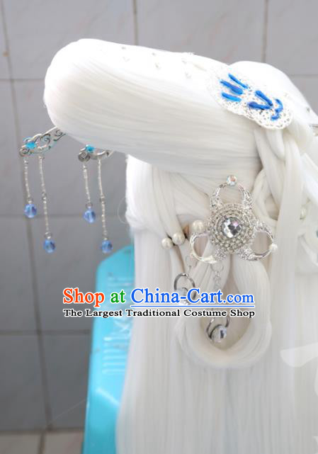 Chinese Cosplay Goddess White Wigs Headdress Traditional Puppet Show Ji Wuxia Hairpins Hairpieces Ancient Taoist Nun Hair Accessories