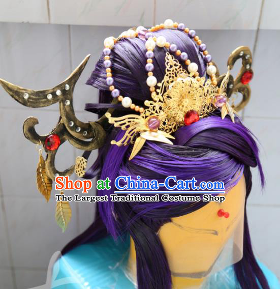 Chinese Ancient Taoist Nun Hair Accessories Cosplay Goddess Purple Wigs Headdress Traditional Puppet Show Swordswoman Hairpins Hairpieces