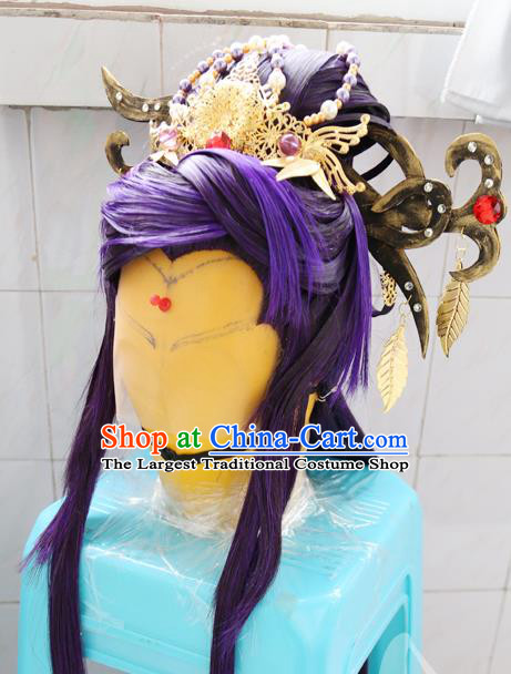 Chinese Ancient Taoist Nun Hair Accessories Cosplay Goddess Purple Wigs Headdress Traditional Puppet Show Swordswoman Hairpins Hairpieces