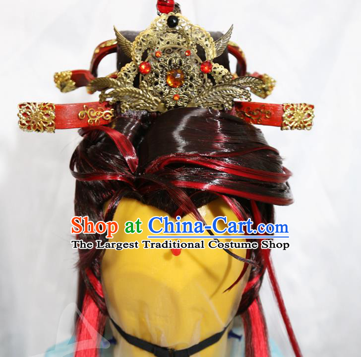 Handmade China Ancient Immortal Red Wigs and Hair Crown Hairpieces Cosplay King Hair Accessories Traditional Puppet Show Swordsman Headdress
