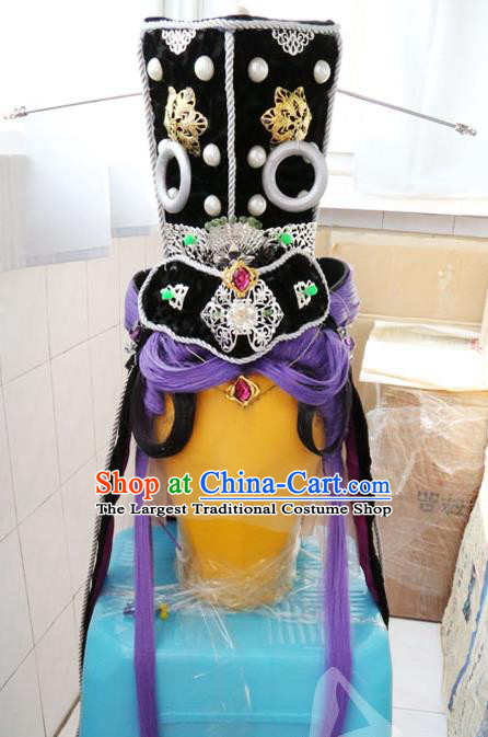 Handmade China Cosplay King Hair Accessories Traditional Puppet Show Swordsman Headdress Ancient Knight Purple Wigs and Hair Crown Hairpieces