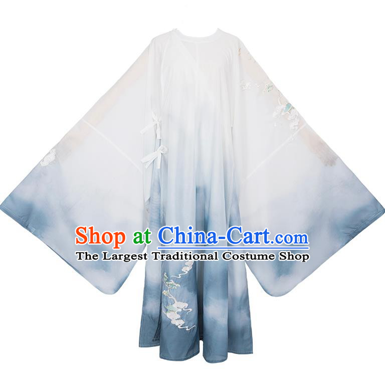 China Ancient Scholar Embroidered Blue Robe Ming Dynasty Prince Garment Costume Traditional Young Childe Historical Clothing
