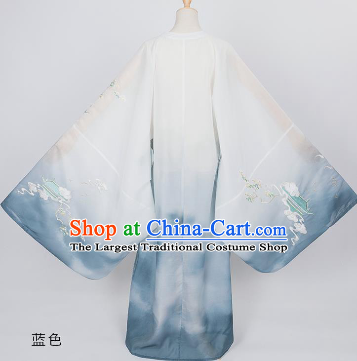 China Ancient Scholar Embroidered Blue Robe Ming Dynasty Prince Garment Costume Traditional Young Childe Historical Clothing