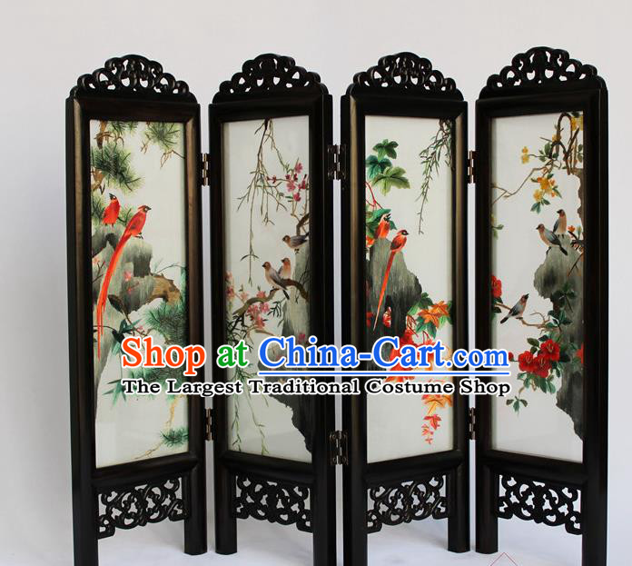 Chinese Home Ornaments Handmade Flowers Birds Folding Screen Craft Suzhou Double Sides Embroidery Screen