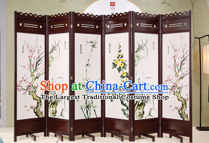 Chinese Wood Carving Craft Handmade Flowers Birds Folding Screen Ink Painting Screens Home Ornaments