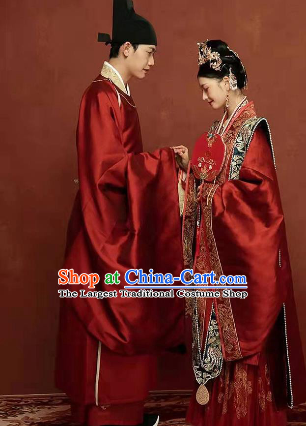 China Ancient Wedding Clothing Traditional Song Dynasty Bride and Groom Garment Costumes and Headdress Complete Set