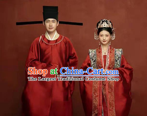 China Ancient Wedding Clothing Traditional Song Dynasty Bride and Groom Garment Costumes and Headdress Complete Set
