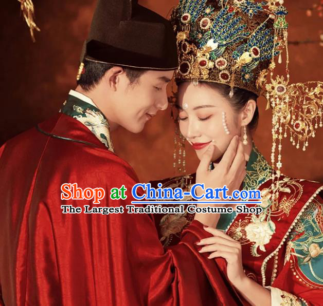 China Traditional Song Dynasty Wedding Garment Costumes Ancient Empress and Emperor Clothing and Headdress