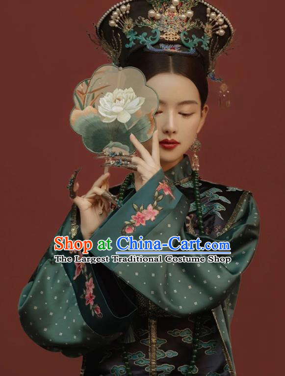 China Ancient Palace Empress Dark Green Dress Clothing Traditional Qing Dynasty Noble Women Garment Costumes and Headgear Complete Set