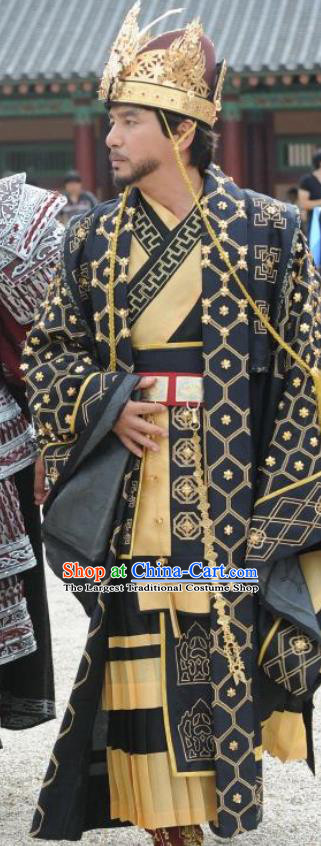 Korean TV Series GyeBaek Clothing Traditional King Attires Ancient Monarch Garment Costumes and Hair Crown