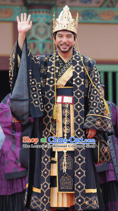 Korean TV Series GyeBaek Clothing Traditional King Attires Ancient Monarch Garment Costumes and Hair Crown