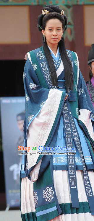 TV Series GyeBaek Garment Costumes Korean Traditional Clothing Ancient Queen Eun go Blue Dress and Headpieces