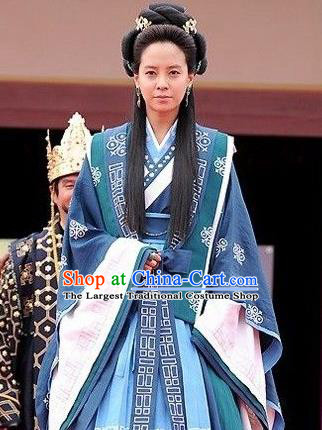 TV Series GyeBaek Garment Costumes Korean Traditional Clothing Ancient Queen Eun go Blue Dress and Headpieces