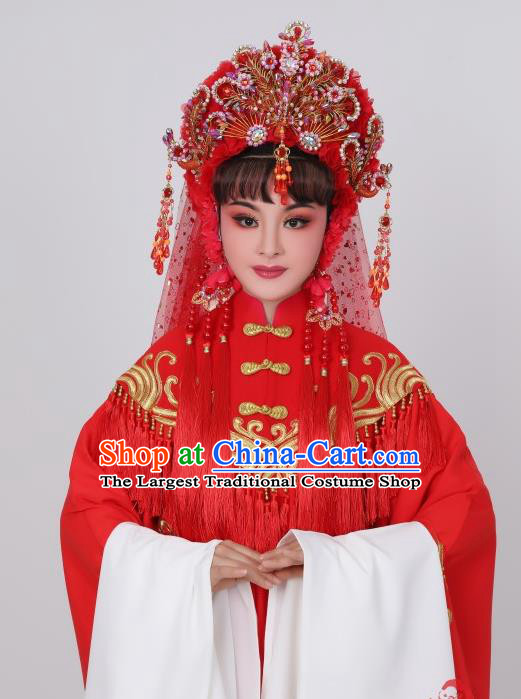 Chinese Ancient Bride Wedding Clothing Peking Opera Hua Tan Garment Costumes Traditional Shaoxing Opera Empress Red Dress and Headpieces