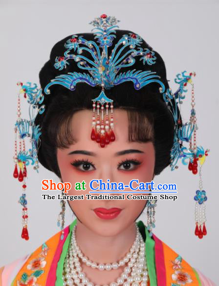 Chinese Huangmei Opera Blue Phoenix Hairpin Beijing Opera Hair Jewelry Traditional Opera Diva Headpiece