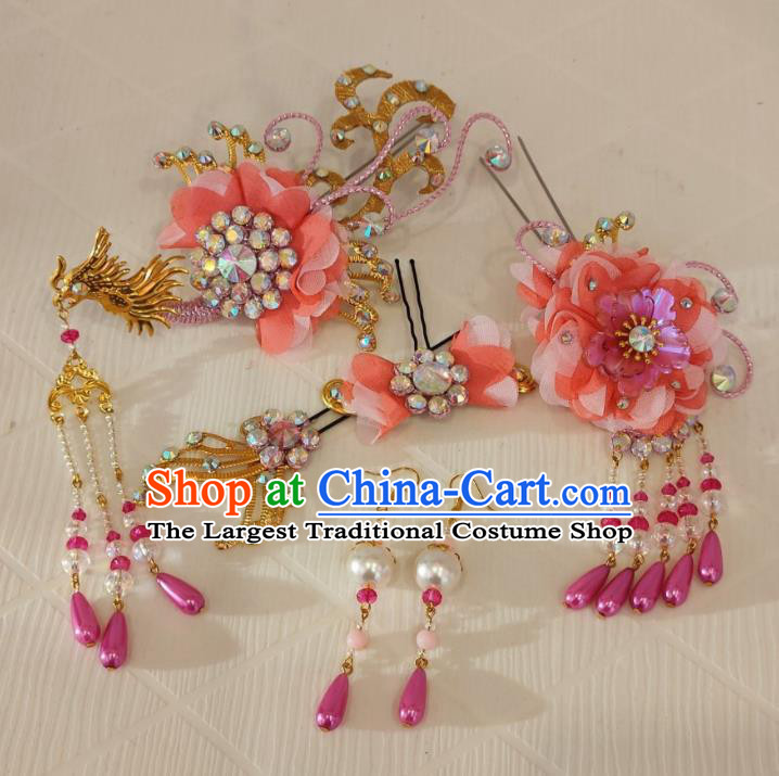 Chinese Beijing Opera Hua Tan Headdress Traditional Opera Diva Peach Pink Hair Accessories Shaoxing Opera Noble Lady Phoenix Hairpins