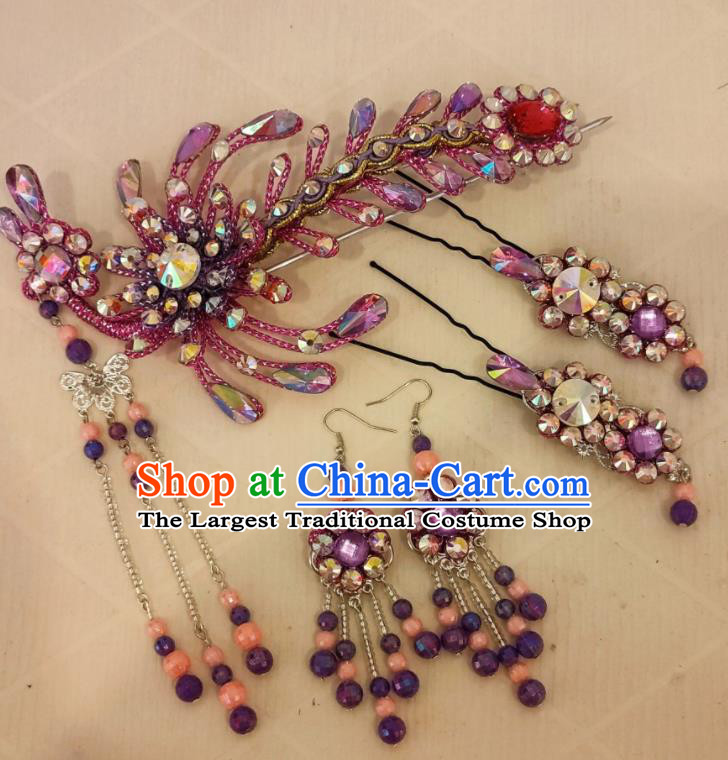 Chinese Beijing Opera Hua Tan Headpieces Traditional Opera Princess Hair Accessories Shaoxing Opera Diva Purple Phoenix Hairpins