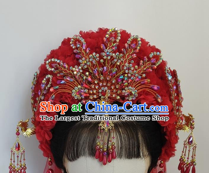 Chinese Huangmei Opera Liu Lan Zhi Headdress Beijing Opera Hua Tan Red Hair Crown Traditional Opera Bride Hair Accessories