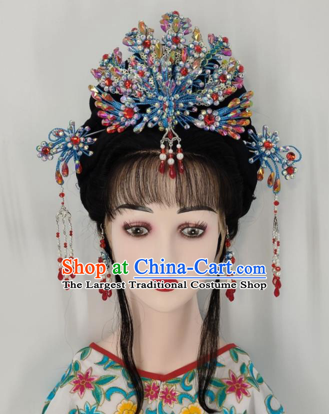 Chinese Beijing Opera Hua Tan Blue Phoenix Crown Traditional Opera Princess Hair Accessories Huangmei Opera Fairy Headdress