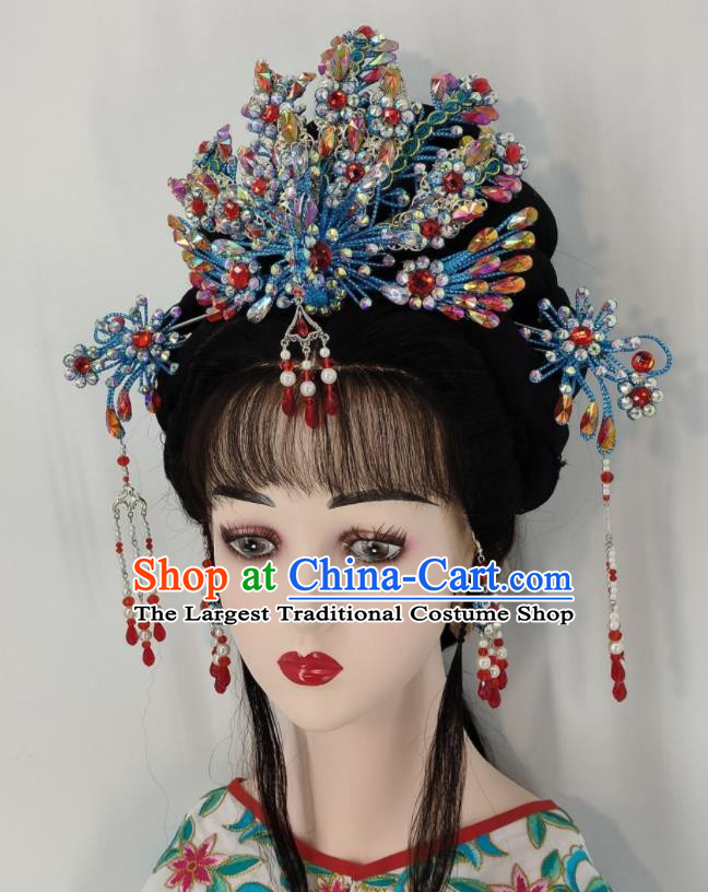 Chinese Beijing Opera Hua Tan Blue Phoenix Crown Traditional Opera Princess Hair Accessories Huangmei Opera Fairy Headdress
