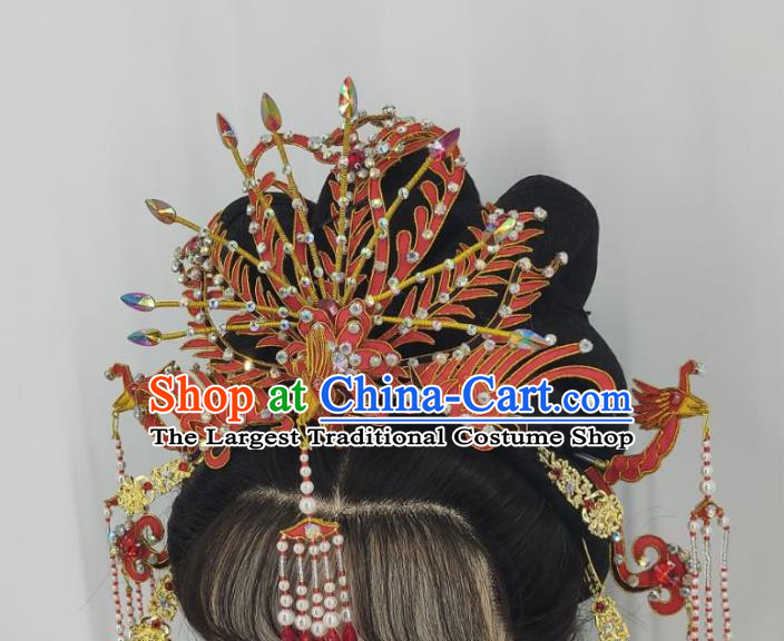 Chinese Huangmei Opera Wedding Headpieces Beijing Opera Hua Tan Red Phoenix Crown Traditional Opera Empress Hair Accessories