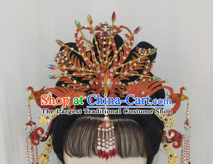Chinese Huangmei Opera Wedding Headpieces Beijing Opera Hua Tan Red Phoenix Crown Traditional Opera Empress Hair Accessories