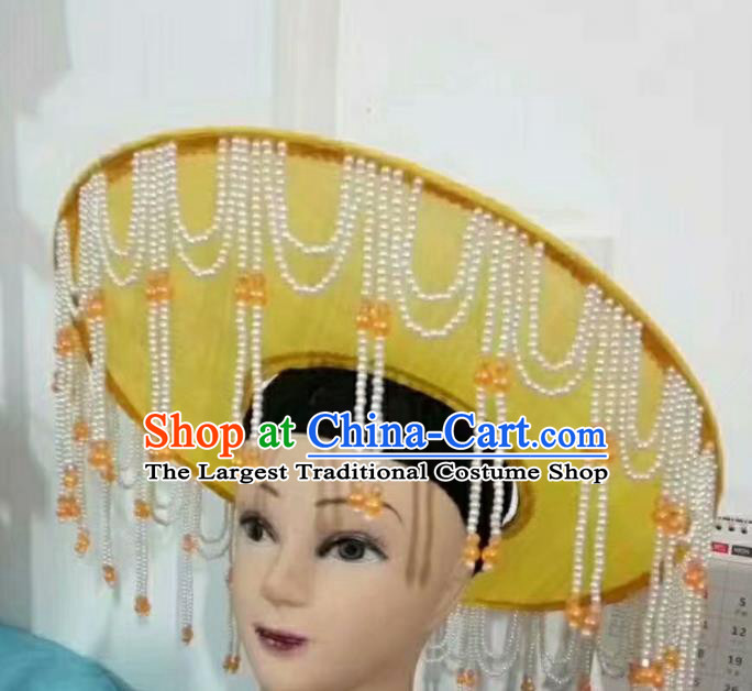 Chinese Huangmei Opera Actress Headwear Beijing Opera Hua Tan Tassel Yellow Hat Traditional Opera Fairy Princess Headdress