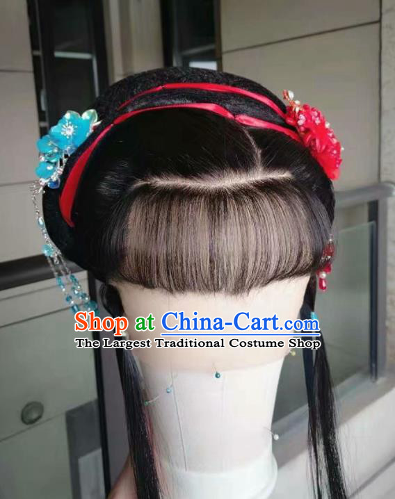 Chinese Beijing Opera Actress Hairpieces Traditional Opera Servant Girl Full Lace Wig Shaoxing Opera Maid Lady Headdress