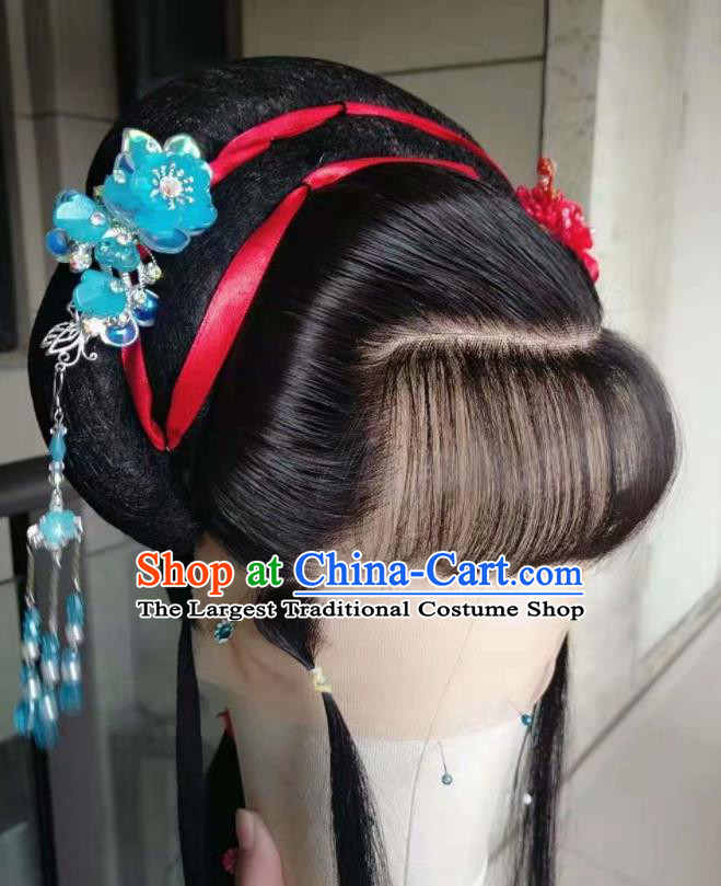 Chinese Beijing Opera Actress Hairpieces Traditional Opera Servant Girl Full Lace Wig Shaoxing Opera Maid Lady Headdress