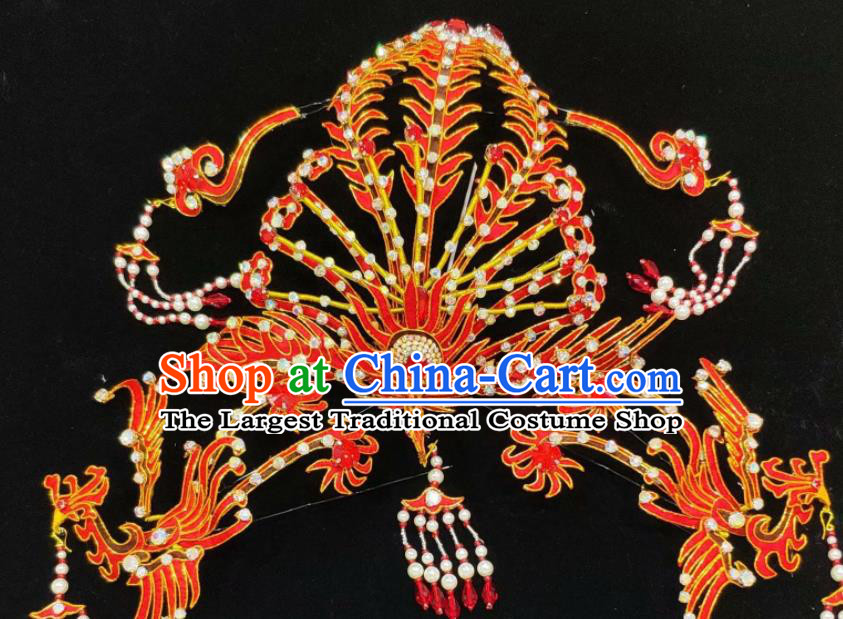 Chinese Beijing Opera Hua Tan Red Phoenix Hairpins Traditional Opera Hair Accessories Shaoxing Opera Princess Headdress