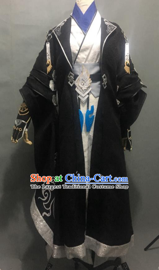 Chinese Cosplay Swordsman Black Clothing Moonlight Blade Yimo Cangming Apparel Ancient Taoist Priest Garment Costumes