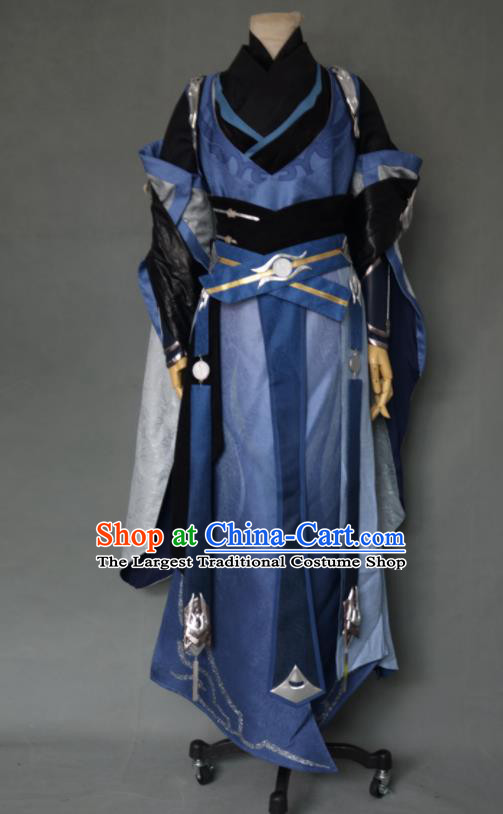 Chinese Ancient Taoist Priest Garment Costumes Cosplay Swordsman Blue Clothing Moonlight Blade Chun Yang Apparel