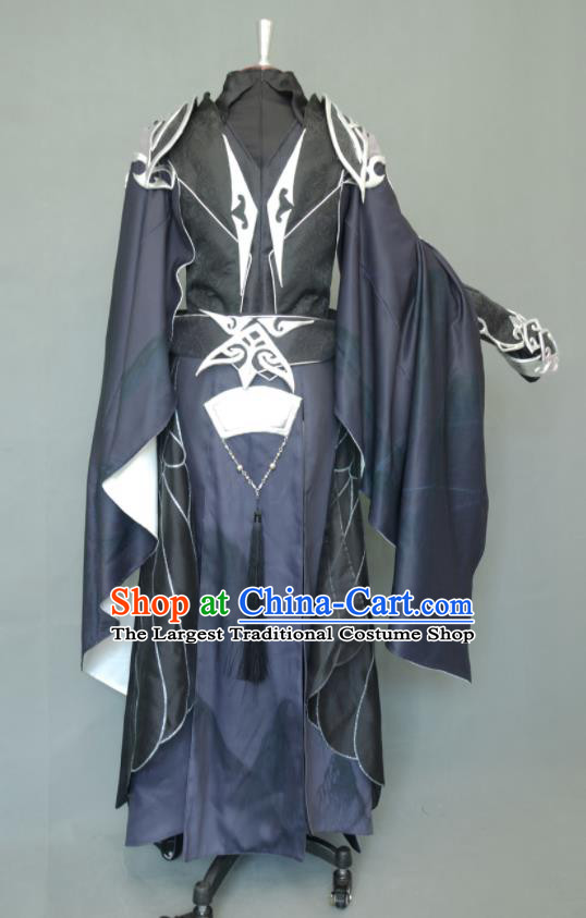 Chinese Cosplay Swordsman Navy Blue Clothing Jian Xia Qi Yuan Hua Ge  Apparel Ancient Knight Garment Costumes