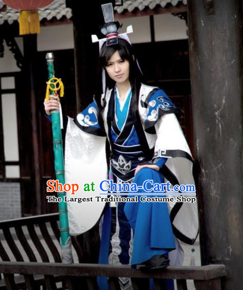 Chinese Ancient Taoist Priest Garment Costumes Cosplay Swordsman Clothing Game Jian Xia Qing Yuan Young Male Blue Apparel