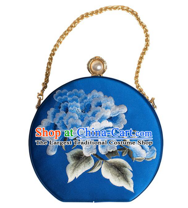China Cheongsam Evening Bag National Royal Blue Silk Chain Bag Handmade Suzhou Embroidery Peony Handbag