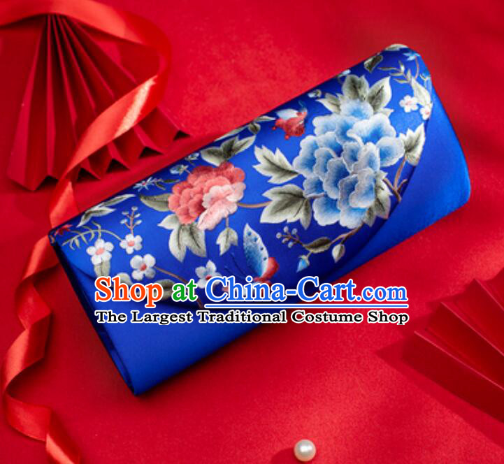 China Handmade Suzhou Embroidery Peony Handbag Evening Bag National Royal Blue Silk Clutch Bag