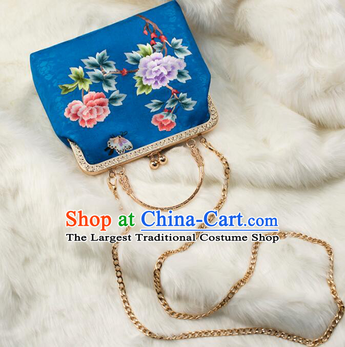 China National Royal Blue Silk Chain Bag Handmade Suzhou Embroidery Peony Handbag Cheongsam Evening Bag