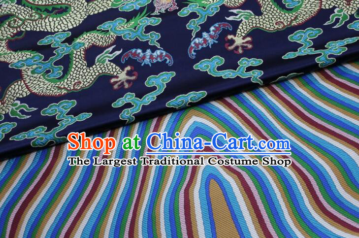 China Classical Dragons Pattern Navy Blue Brocade Fabric Ancient Imperial Robe Silk Fabrics Traditional Court Drapery