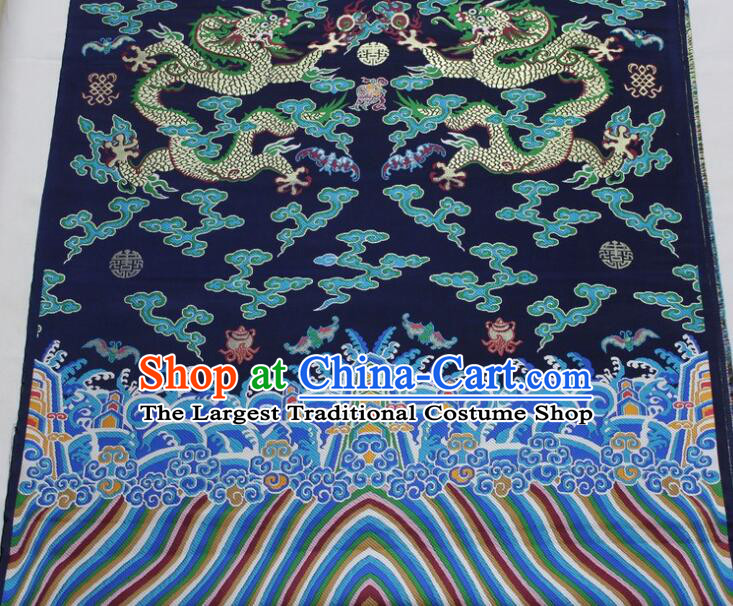 China Classical Dragons Pattern Navy Blue Brocade Fabric Ancient Imperial Robe Silk Fabrics Traditional Court Drapery