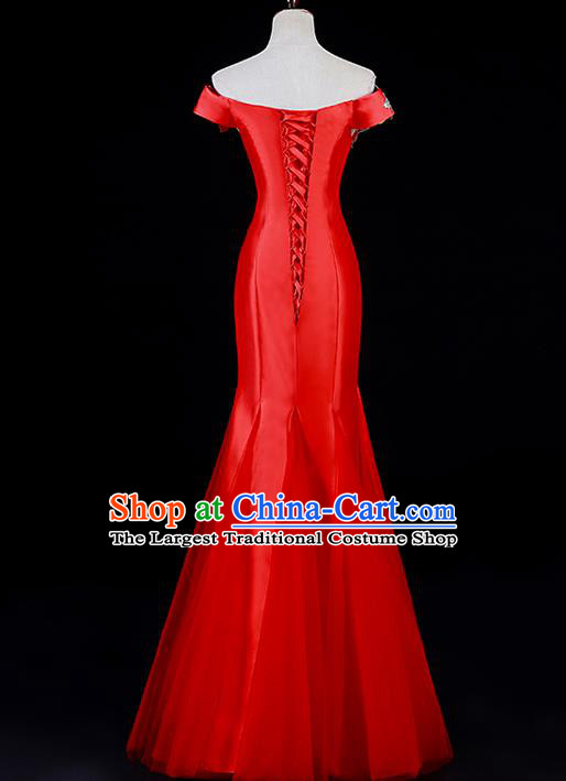 Professional Custom Red Full Dress Dinner Party Formal Garment China New Year Off Shoulder Mermaid Dress