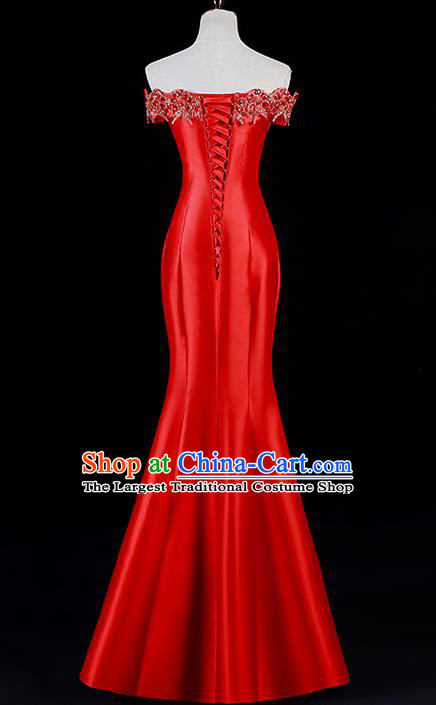 China New Year Off Shoulder Mermaid Dress Professional Embroidery Phoenix Red Full Dress Dinner Party Formal Garment