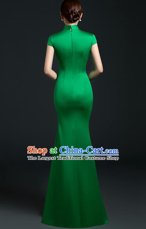 Chinese Modern Cheongsam Embroidered Lotus Qipao Dress New Year Full Dress Traditional Green Satin Qipao