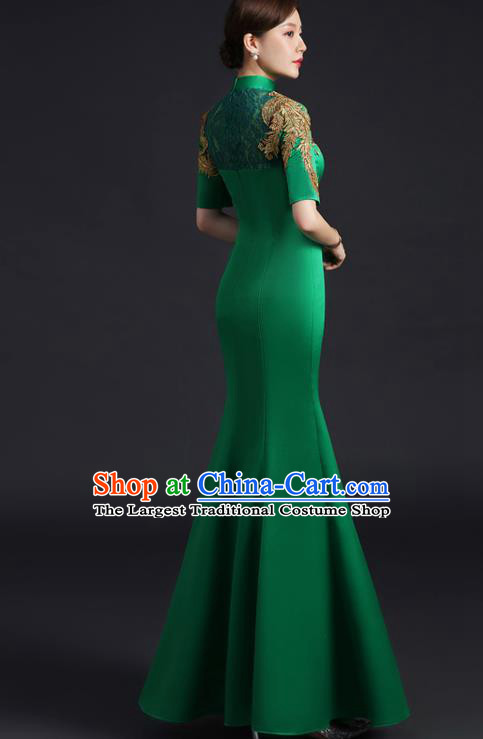 Chinese Traditional Green Qipao Modern Cheongsam Embroidered Phoenix Qipao Dress New Year Middle Sleeve Full Dress