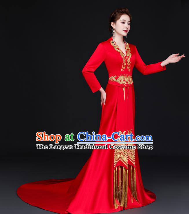 China Dinner Party Formal Garment New Year Red Dress Professional Embroidery Full Dress