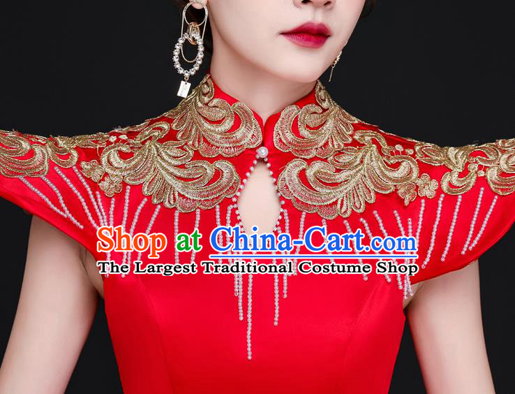 China Professional Embroidery Full Dress Dinner Party Formal Garment New Year Compere Red Dress